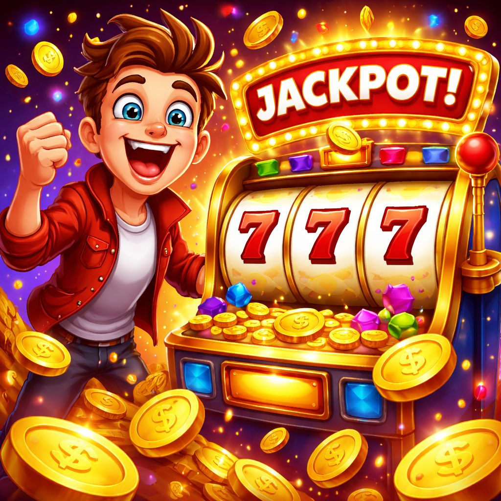 CK44.COM slot-themed cartoon characters with reels, coins, and winning effects